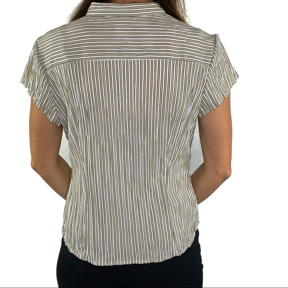 East 5th Petites Tan & Black Pinstripe Short Sleeve Shirt Medium - Picture 2 of 6